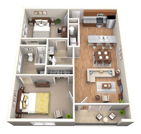 Floor plan for 2 beds, 2 baths, 969 sqft